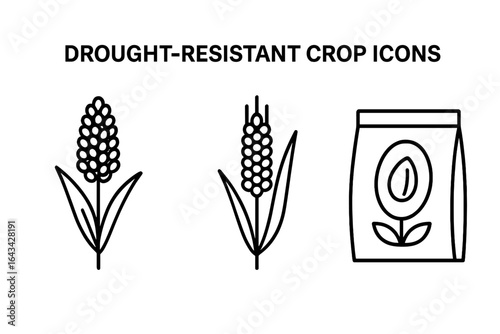 Drought-Resistant Crop Icons Vector Set - Outline Sorghum Stalk, Millet Ear, Seed Packet Illustration for Agriculture and Sustainable Farming