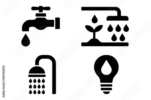 Eco Conservation Icons Set, Solid Black Vector Symbols for Water and Energy Efficiency, Includes Water Tap, Drip Irrigation, Low-Flow Showerhead, Energy Saving Light Bulb, Transparent Background