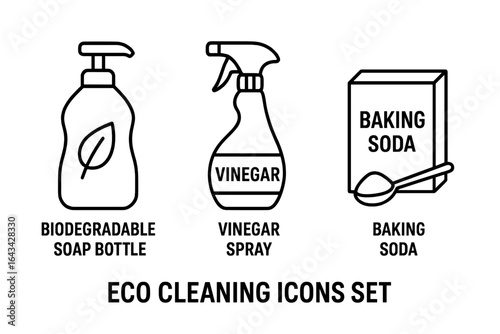 Eco Friendly Cleaning Outline Icon Set. Biodegradable Soap Bottle, Vinegar Spray, Baking Soda for Safe Natural Cleaners. Zero Waste Green Household Products. Vector for Eco Home Care Banner