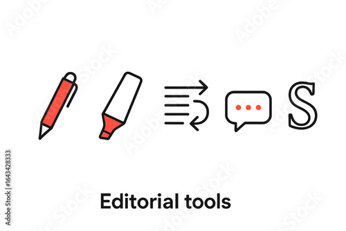 Editorial tools set vector illustration. Outline icons of red pen, highlighter marker, track changes arrow, comment bubble, style letter S. Editorial workflow elements. Editing, proofreading symbols.