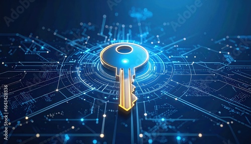 A digital key on a circuit-like blue background symbolizing cybersecurity and encryption.