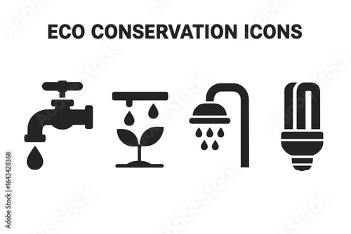 Eco conservation icon set, water saving faucet, drip irrigation plant, efficient low-flow showerhead, energy-saving lightbulb, sustainability, resource conservation, eco-friendly utilities vector