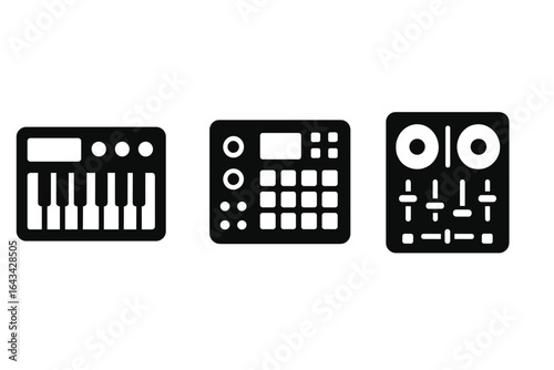 Electronic Music Equipment Icons, Solid Filled Vector Set of Synthesizer Keyboard, Drum Machine Controller, DJ Mixer Console, Modern Music Production Gear Illustration