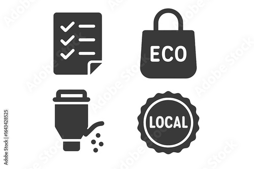 Eco-friendly grocery shopping icons set. Flat vector illustration of responsible shopping checklist, reusable eco tote bag, bulk bin dispenser, local product badge. Sustainable lifestyle concept.