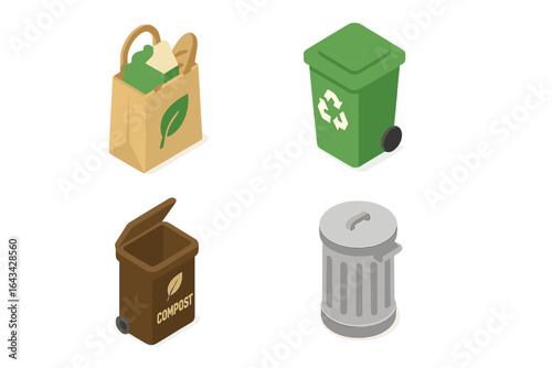 Eco-Friendly Waste Sorting Isometric Vector Set. Compost Bin, Recycle Bin, Trash Can, Grocery Tote Bag with Green Leaf. Clean Environmental Solutions. Sustainable Living, Zero Waste, Recycling Icons.