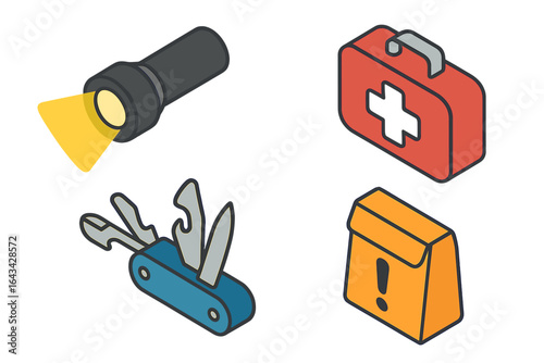 Emergency kit icon collection vector set, isometric flat design of emergency preparedness tools including first aid kit, flashlight beam, multi-tool for safety and survival