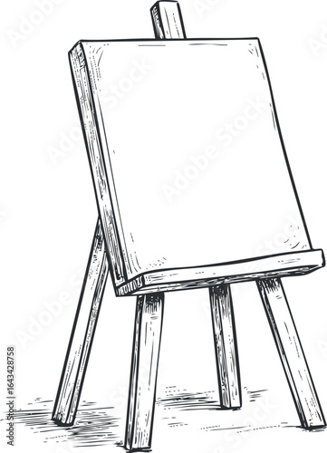 Hand-drawn sketch of a blank canvas on a wooden easel, isolated on white background.