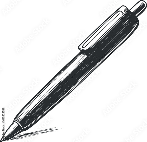 Hand-drawn black and white sketch of a ballpoint pen with clip and tip on a white background