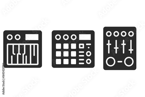 Electronic Music Equipment Vector Icons Set. Solid Filled Synthesizer, Drum Machine, DJ Mixer, Audio Mixing Desk, Music Production Symbols, Studio Gear, Beatmaking Tools. Isolated Modern Design