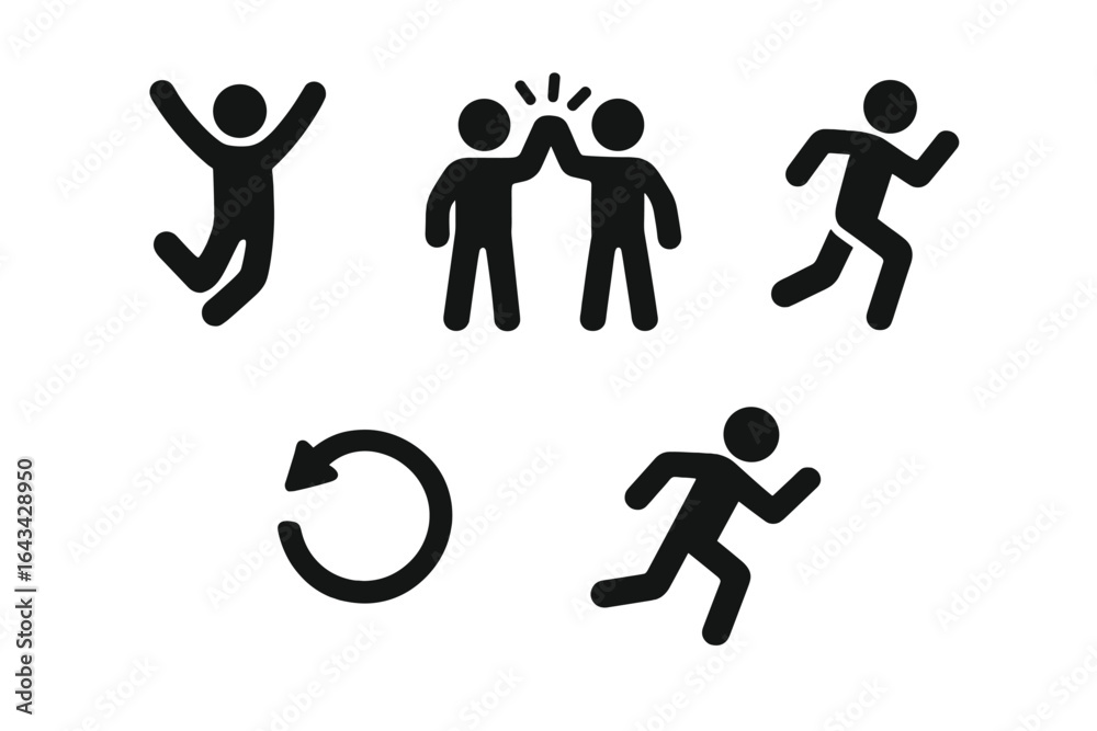 Naklejka premium Energetic Icon Set of Solid Filled Vector Figures Showing Movement, Jumping, High Five, Running, Arm Swing, and Spin Action for Active Lifestyle and Fun