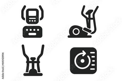Elliptical Machine Icons Set, Solid Filled Vector Graphics Featuring Elliptical Trainer Control Panel, Pedals, Handlebars, and Resistance Dial for Fitness Equipment Design