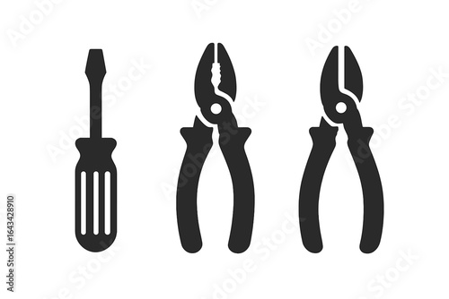 Electrical Tools Icon Set, Solid Filled Vector Illustrations of Handheld Equipment Used by Electricians Including Screwdriver, Pliers, Wire Cutter for Repair and Maintenance Work