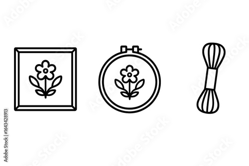 Embroidery handkerchief vector set. Outline icons of embroidered flower linen square, round embroidery hoop, and embroidery floss for needlework, handicraft, textile art, sewing, and DIY floral decor.