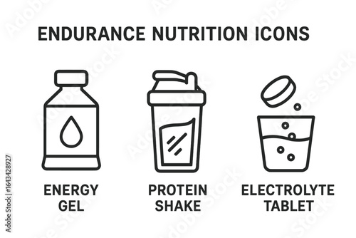 Endurance Nutrition Icons Vector Set, Outline Style Sports Nutrition Symbols for Athletes, Energy Gel, Protein Shake, Electrolyte Tablet, Hydration and Performance Boost Graphic Design