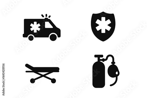 Emergency Medical Response and Safety Equipment Icons. Solid Vector Set with Ambulance, EMT Badge, Paramedic Stretcher, Oxygen Tank. First Aid, Rescue Scene, Medical Transport Symbols.