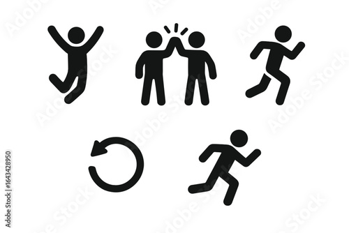 Energetic Icon Set of Solid Filled Vector Figures Showing Movement, Jumping, High Five, Running, Arm Swing, and Spin Action for Active Lifestyle and Fun