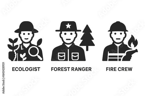 Ecosystem Restoration Vector Icons Set. Ecologist, Forest Ranger, Fire Crew Team Symbols for Conservation, Environmental Protection, Forestry Management. Black Solid Silhouette Illustrations