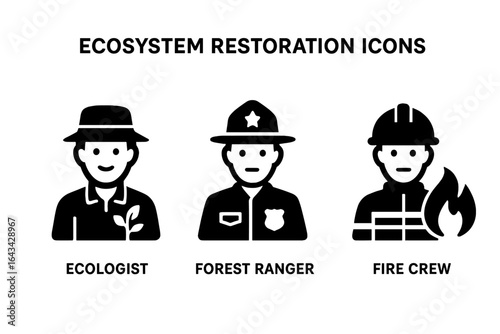 Ecosystem restoration solid glyph icon set. Ecologist with plant, forest park ranger, and fire crew firefighter. Environmental conservation and protection team vector.