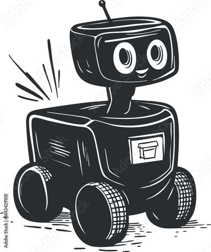 Black and white cartoon illustration of a friendly wheeled robot toy with a smiling face and antenna