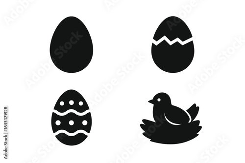 Solid filled vector icon set featuring egg symbolism, art egg shapes, cracked shell, decorated Easter egg, nesting bird silhouette. Black glyph illustration for spring, Easter, nature, food concepts