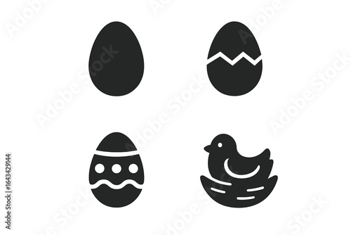 Solid Filled Egg Symbolism Icon Set – Collection of Black Vector Art Illustrations Featuring Egg Shape, Cracked Egg Shell, Decorated Easter Egg, Nesting Bird, Spring Nature Clipart Grid