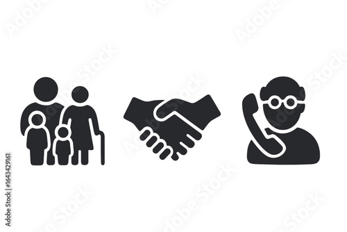 Elderly Social Connection Icons, Solid Filled Vector Set of Senior Family Group, Handshake, Phone Call, Communication and Support Symbols for Older Adults