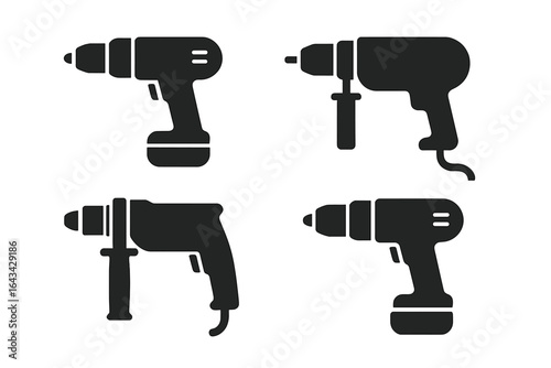 Electric power drill black silhouette icon set. Cordless battery drill, corded hammer drill, hand tools, construction equipment, repair gear, home improvement vector illustration, flat icon collection