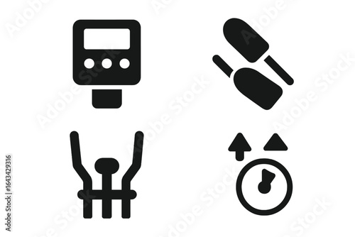 Elliptical machine icons set, solid filled vector icons of elliptical trainer features including control panel, pedals, handlebars and resistance settings on transparent background