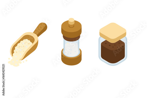 Isometric vector set of exfoliation scrub ingredients and tools. Sugar scoop, salt grinder, coffee grounds jar for homemade body scrub, spa beauty, skincare treatment. Transparent background.