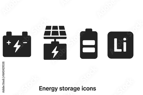 Energy storage technology icons set, battery pack, solar battery, charge level indicator, lithium symbol. Renewable energy, power storage, electricity, alternative energy concept. Vector illustration.