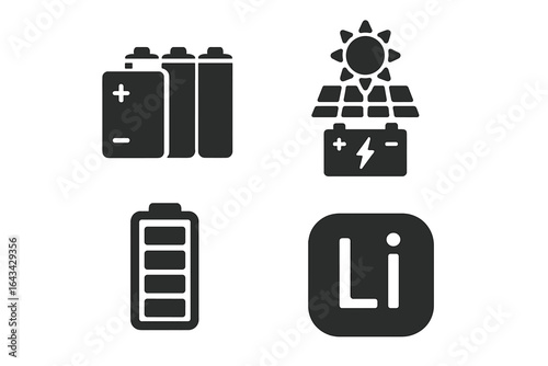 Energy management icons set with solid filled symbols of smart grids, solar panels, wind turbines, battery storage systems, renewable power solutions, vector illustration