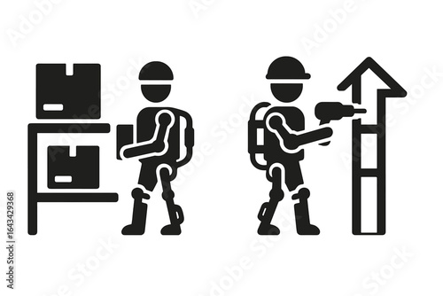 Occupational Exoskeleton Icons Vector. Warehouse Worker Lifting Boxes, Construction Worker Using Power Drill, Industrial Safety Gear, Ergonomic Robotic Suits, Labor Assistance, Transparent Background.