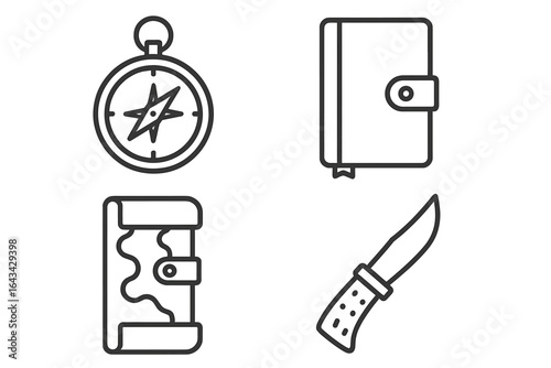 Outline set of explorer gear icons including brass compass, leather journal, oilskin map case, flint knife, adventure expedition equipment, travel and exploration vector illustration