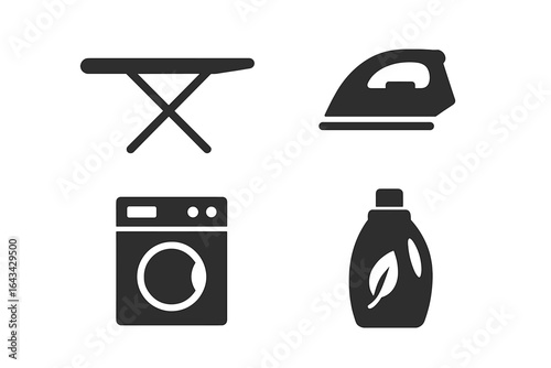 Fabric care essentials vector icons set. Black silhouette symbols of ironing board, electric iron, washing machine, eco-friendly fabric softener bottle. Laundry and cleaning supply concept.