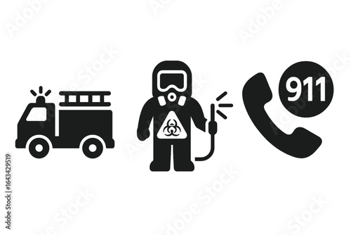 Emergency Response Icons Set, Solid Filled Vector Illustrations of Fire Truck, Hazmat Suit, and Emergency Phone with 911, Safety and Hazard Symbols