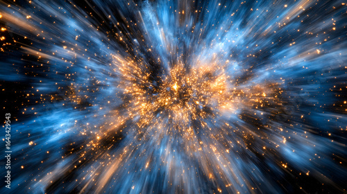 An explosion of golden light and energy bursts forth amidst swirling blue cosmic dust, creating a dynamic and captivating celestial spectacle.