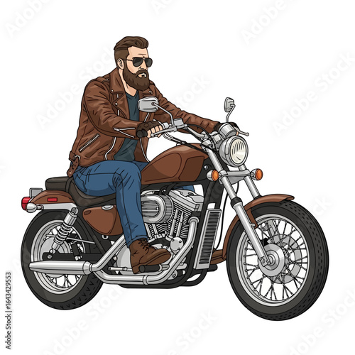 Vector art of bearded man in leather jacket riding motorcycle isolated on white background