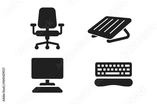 Ergonomic office equipment icons set for industry and health. Chair, footrest, monitor, keyboard. Workplace safety tools collection. Black silhouette computer accessories for comfort and productivity.