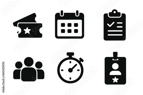 Event management icons set. Solid filled vector illustration of ticket, calendar, checklist clipboard, stopwatch, crowd, security badge. Event planning, schedule, organization, access concept.