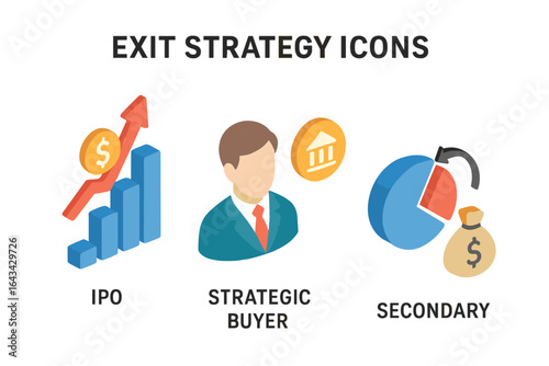 Exit strategy icons vector set, isometric IPO chart, upward financial growth, strategic buyer avatar, bank coin, secondary sale pie chart, carve-out, investment, business finance planning illustration