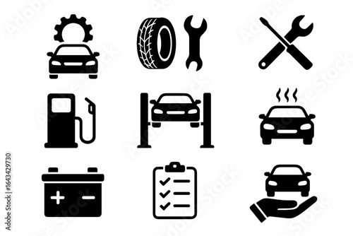 Car service icons set vector illustration on transparent background including repair, tire change, fuel, maintenance, battery, checklist, and vehicle care symbols