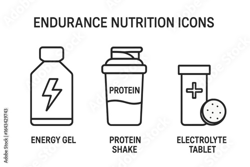 Endurance Nutrition Icons. Energy Gel, Protein Shake, Electrolyte Tablet. Simple Outline Sports Supplement Vector Set for Athletic Performance and Recovery