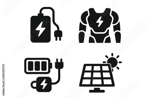 Exoskeleton power source icons set. Black solid vector icons. Battery pack, charging plug, robotic exoskeleton suit, solar panel, energy, electricity, renewable, electric wearable technology, isolated