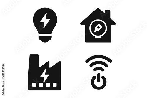 Energy Icons Grid Solid Filled Set of Energy Consumption Symbols Including Light Bulb, Home Energy Meter, Factory Power Usage, Smart Wireless Power Vector Illustration Transparent Background