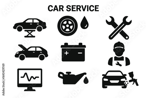 Car service icons vector set on transparent background, automotive repair symbols, vehicle maintenance tools and signs, garage service, mechanic workshop, auto care essentials