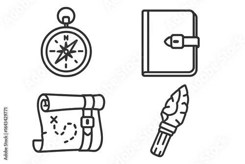 Adventure expedition outline icons set. Explore brass compass, travel leather journal, ancient oilskin treasure map, flint survival knife. Vintage exploration gear vector isolated illustration.