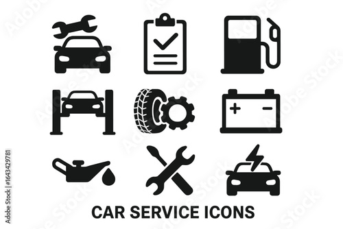 Car service icons vector illustration set on transparent background with automotive repair symbols, mechanic tools, vehicle maintenance signs for garage and auto shop design