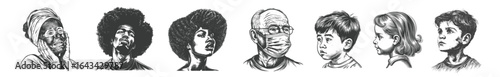 Vintage Engraving Portraits of Diverse People, Set of vintage engraving-style portraits featuring diverse individuals, including men, women, and children. Hand-drawn monochrome illustration