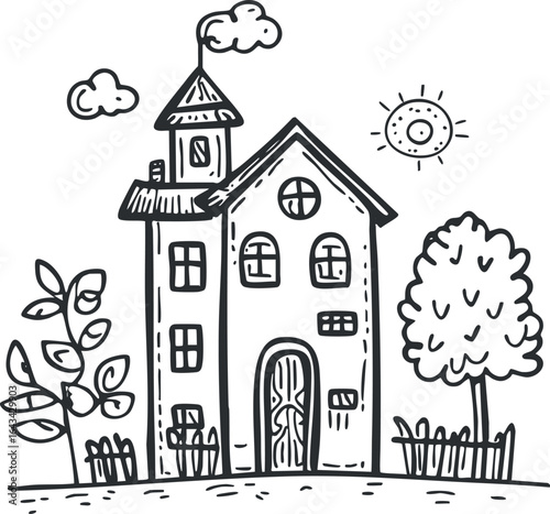 Hand drawn black and white sketch of a house with trees sun clouds and a fence in a simple cartoon style