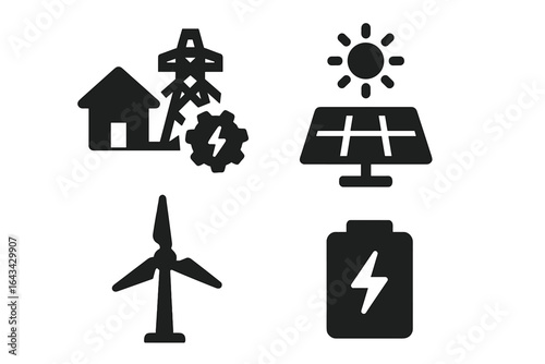 Energy management icons set with solid filled style including smart grid, solar panels, wind turbines, and battery storage vector illustration on transparent background